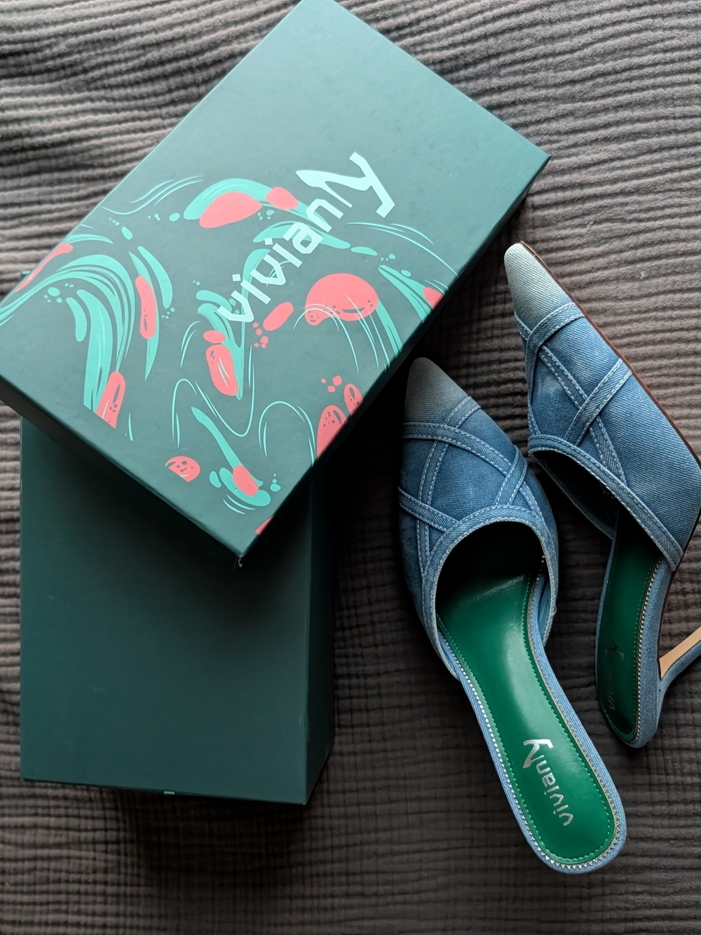 Vivianly Denim Pointed Mule Heels (US 11)